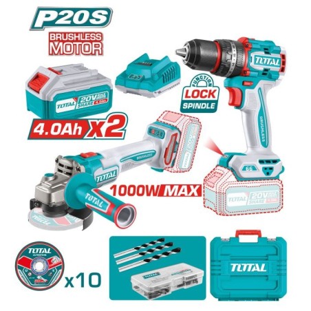 Pack perceuse à percussion + Meuleuse brushless à batterie  TCKLI20273E | 20 V