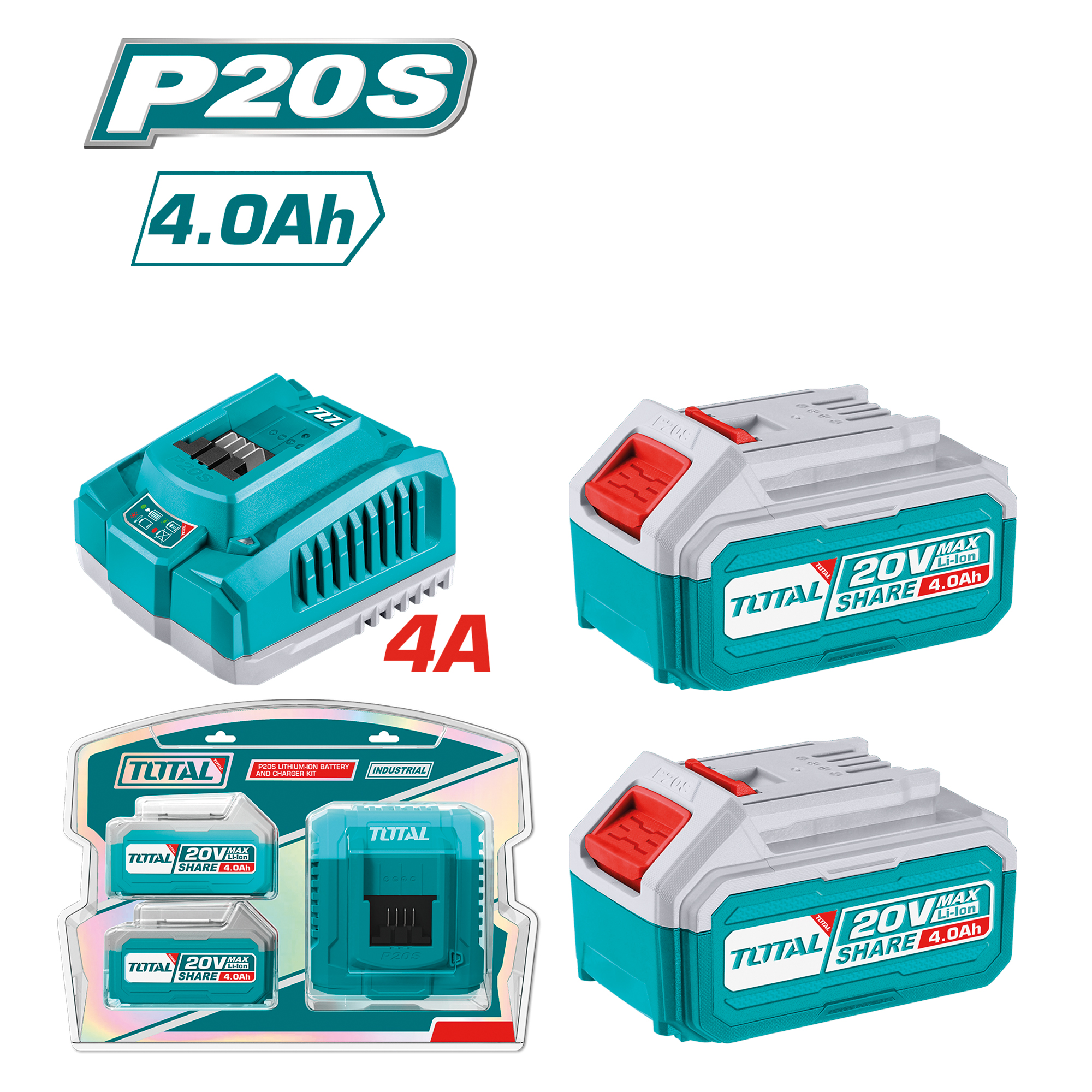Jeu de 2 batteries 4Ah + chargeur rapide  TFBCPK1424E | 20 V - 4 Ah
